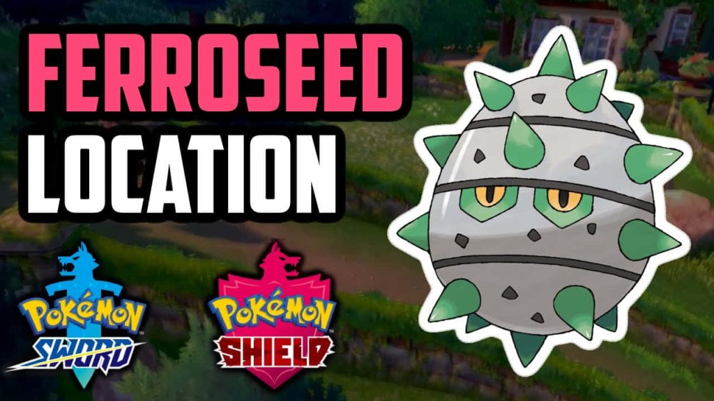 Ferroseed official artwork with spiky metallic body on blurred Galar region backdrop wallpaper