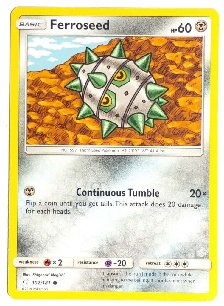 Ferroseed Pokémon TCG card Team Up set resting on rocky orange terrain with Continuous Tumble attack Wallpaper
