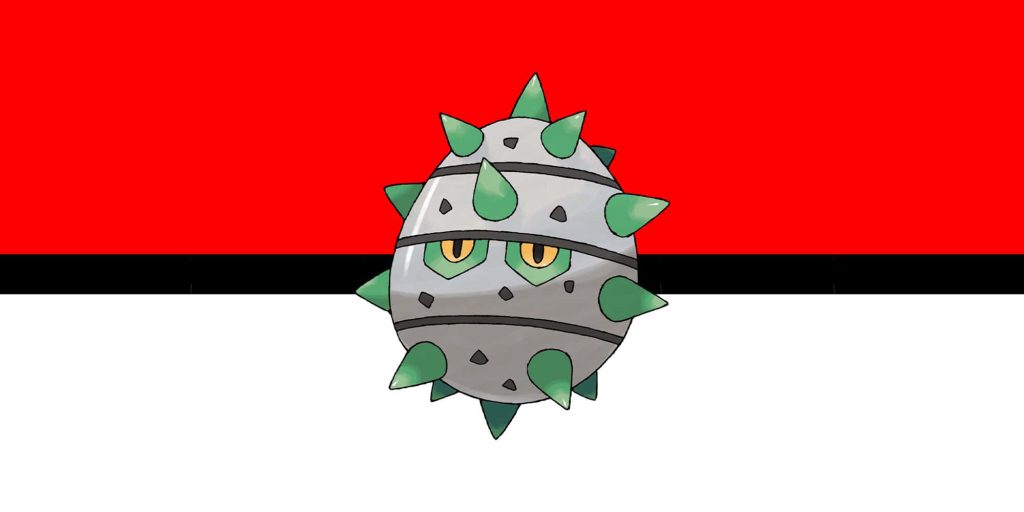 Ferroseed Pokémon digital art with spikes on minimalist red and white Poké Ball background wallpaper