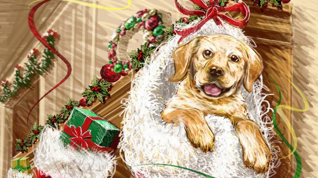 Festive Dog Wallpaper: Cheerful Holiday Ribbons & Gifts Delight