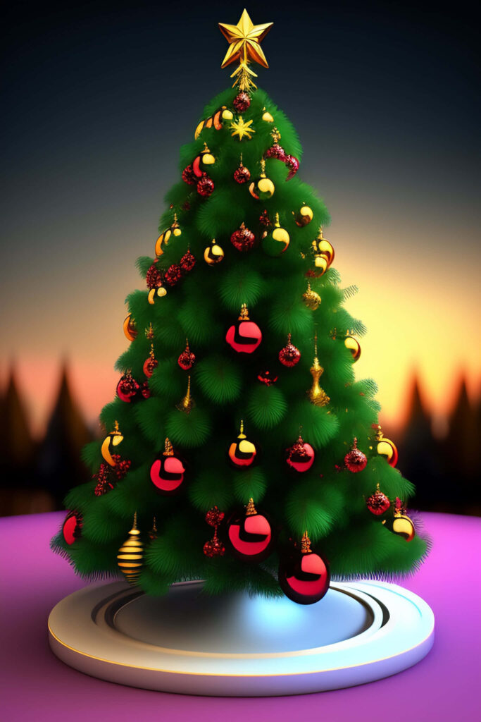 Festive 3D Christmas Scene with Tree & Sunset Background Wallpaper