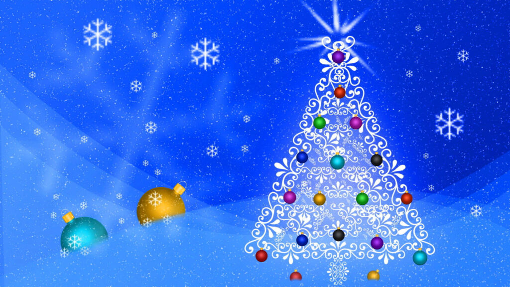 Festive 3D Christmas Scene Wallpaper with Colorful Tree & Snowflakes