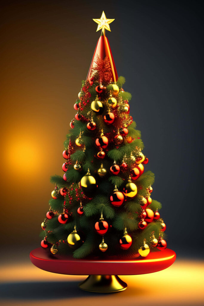 Vibrant 3D Christmas Tree Wallpaper with Red & Gold Ornaments