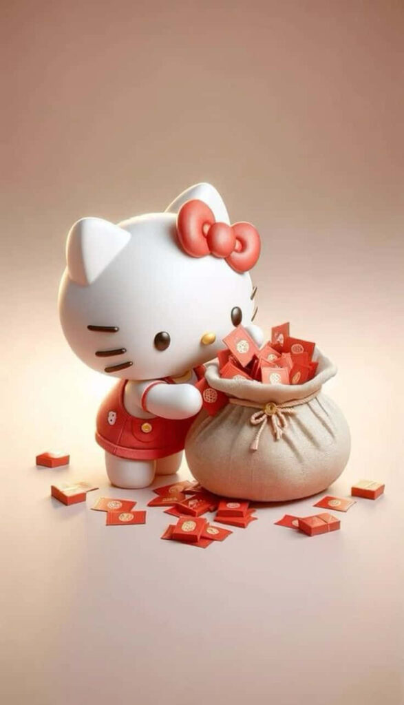 3D Hello Kitty in Red with Prosperity Sack - Festive Wallpaper