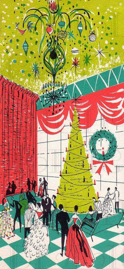 Festive 50s Christmas Party Wallpaper with Elegant Guests & Décor