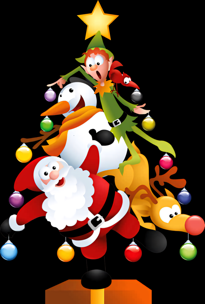 Whimsical Christmas Tree Wallpaper with Santa & Friends