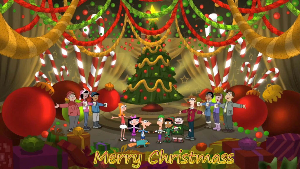 Festive Animated Christmas Wallpaper with Cheerful Characters & Tree