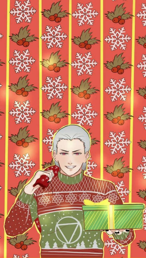 Anime Character in Festive Sweater: Holiday Wallpaper with Snowflakes
