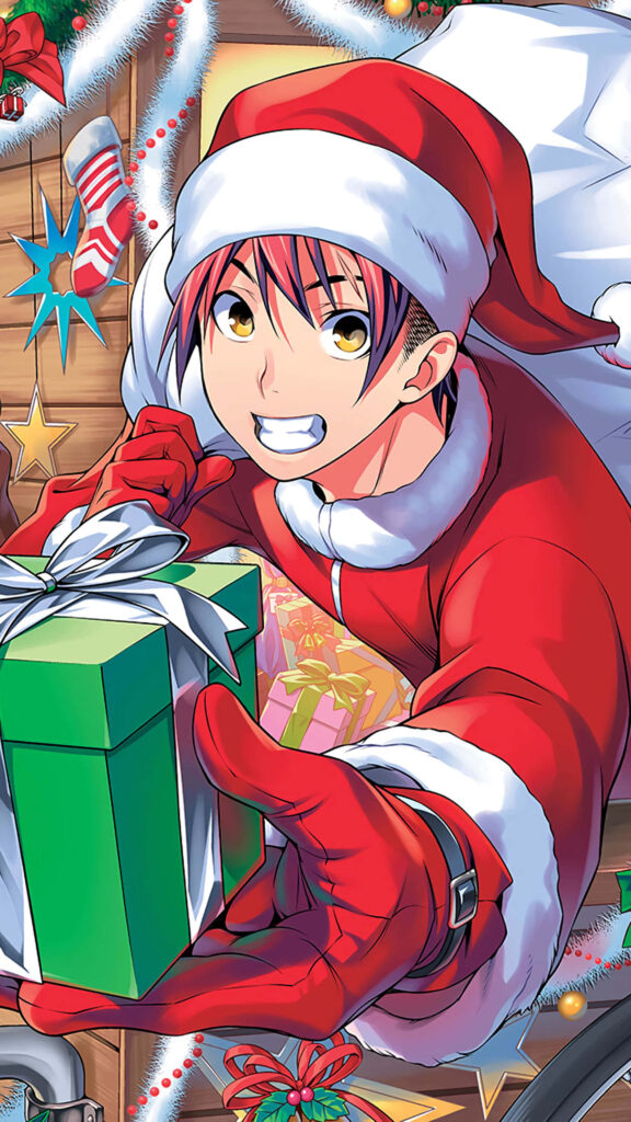Festive Anime Santa Joyfully Presents a Gift in Holiday Wonderland Wallpaper