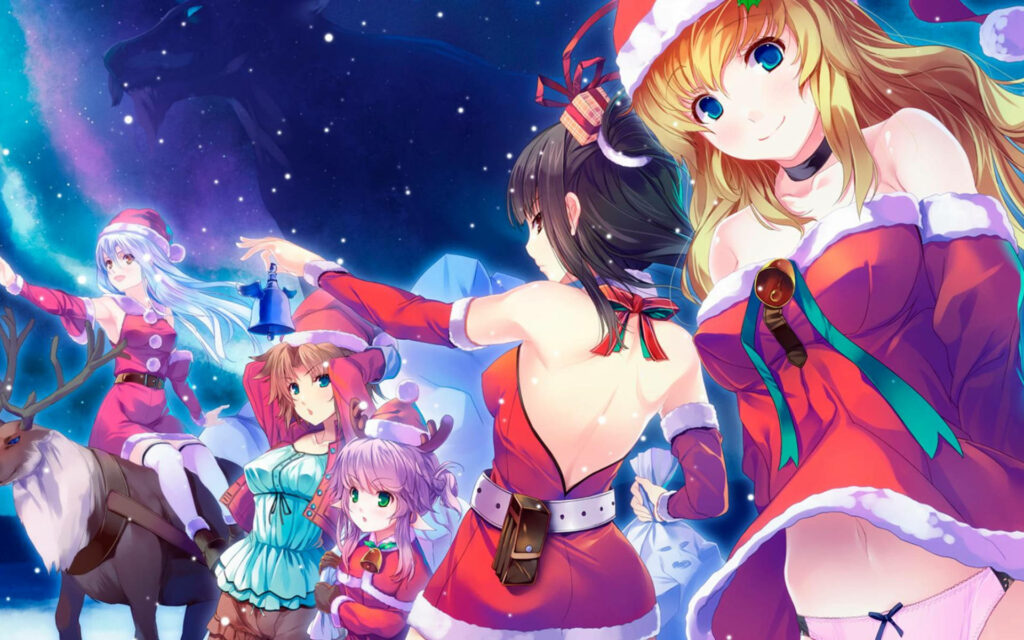 Festive Anime Characters in Christmas Attire: Lively Holiday Wallpaper