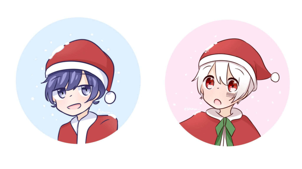 Festive Anime Duo in Santa Hats Against Cheerful Pastel Backgrounds Wallpaper
