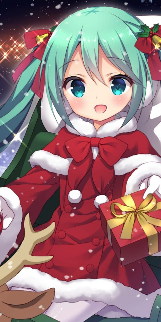 Anime Christmas Wallpaper: Festive Character with Gift & Sparkling Lights
