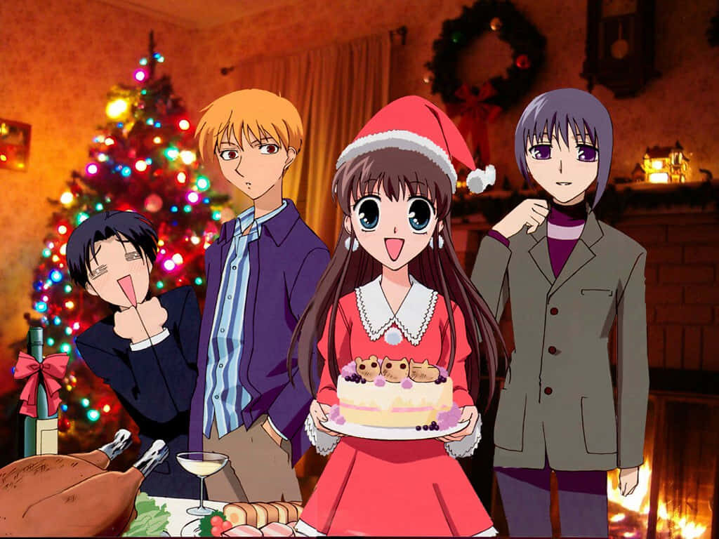 Festive Anime Christmas Wallpaper with Cheerful Characters & Tree