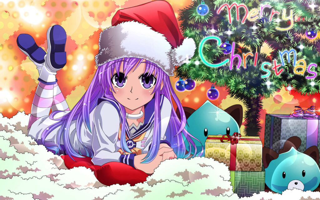 Festive Anime Christmas Wallpaper with Purple-Haired Santa Character