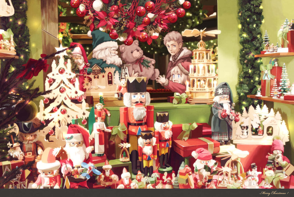 Festive Anime Christmas Wallpaper: Colorful Decorations & Warm Atmosphere