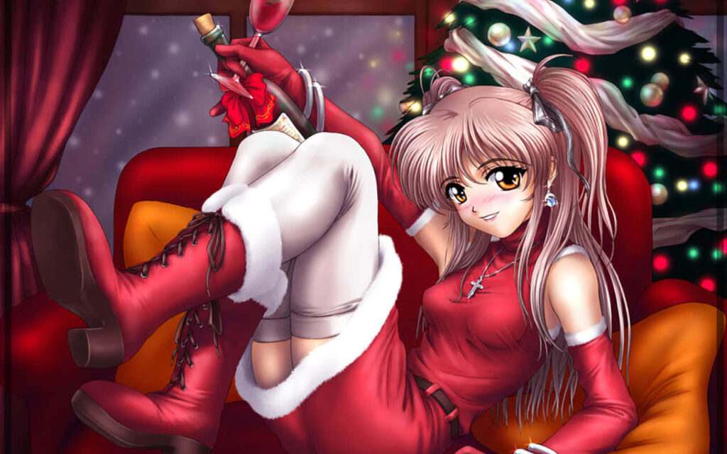 Cheerful Anime Girl in Christmas Outfit - Cozy Holiday Wallpaper