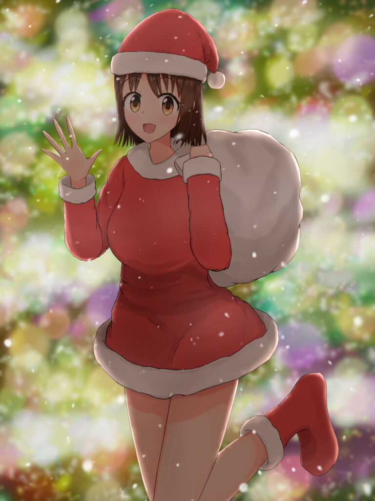 Festive Anime Girl in Santa Costume with Cheerful Holiday Background Wallpaper