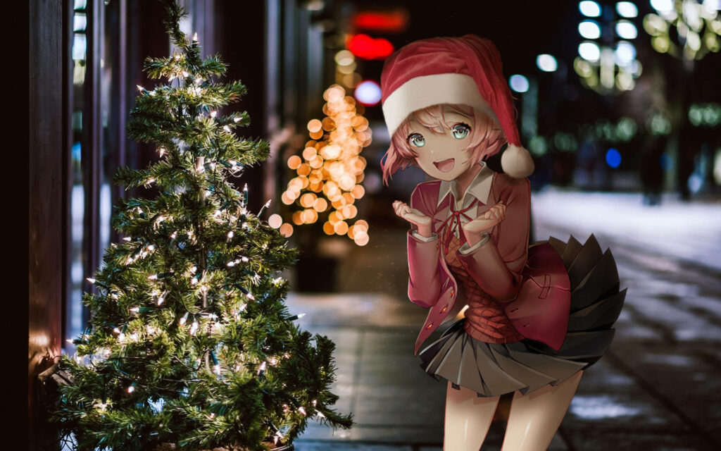 Festive Anime Girl in Santa Hat by Lit Christmas Tree – Merry Holiday Vibes Wallpaper