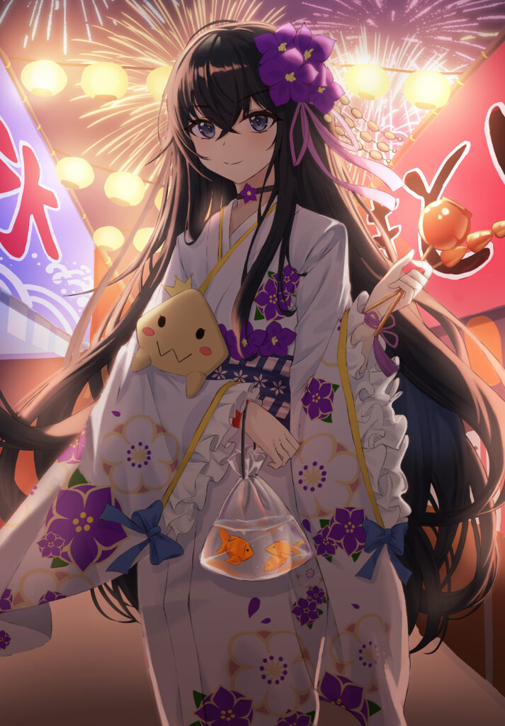 Festive Anime Girl in Floral Kimono Surrounded by Colorful Fireworks Wallpaper