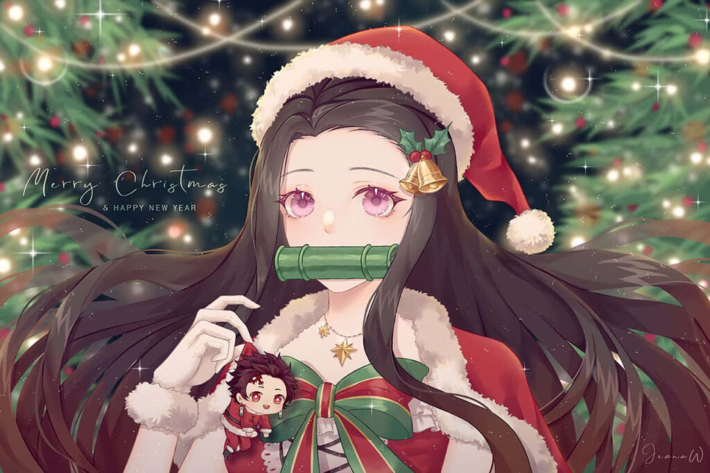 Festive Anime Santa Wallpaper with Holiday Cheer & Chibi Character