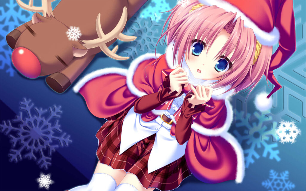 Cheerful Anime Santa Wallpaper with Chibi Reindeer & Snowflakes