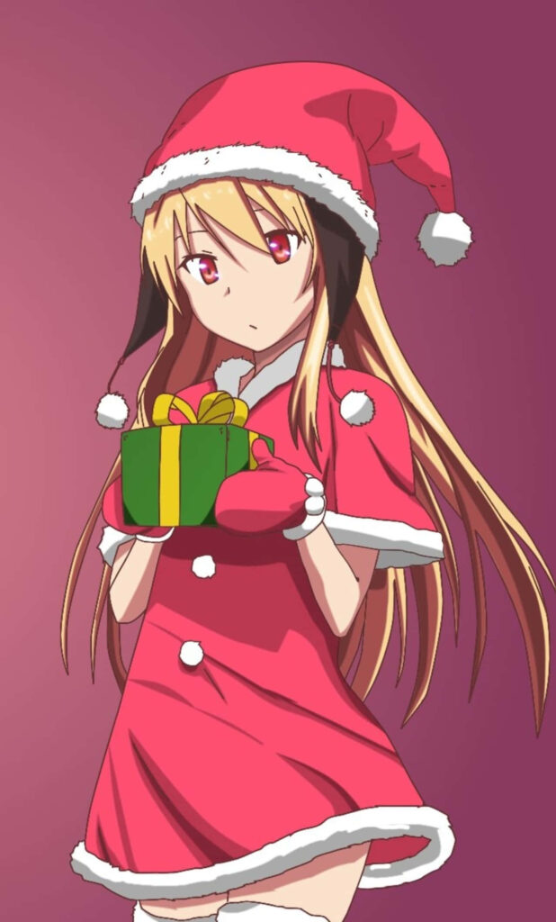 Festive Anime Santa Wallpaper with Gift & Warm Gradient Background