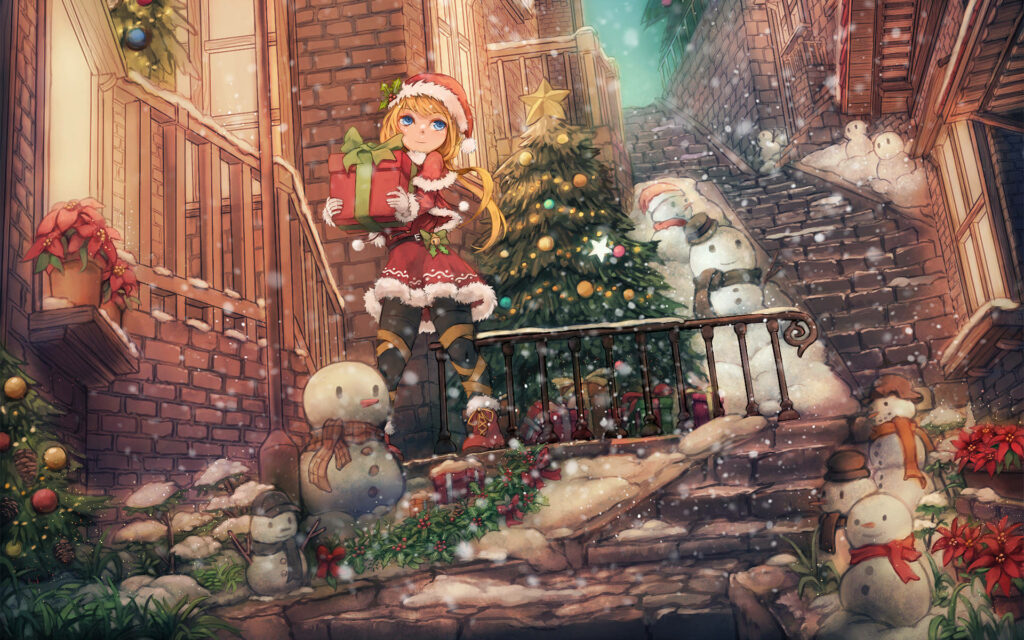 Cheerful Girl in Santa Outfit in Festive Winter Village Scene Wallpaper