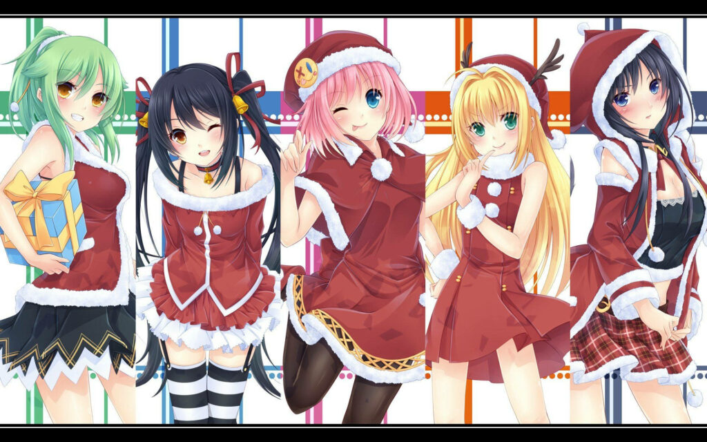 Festive Anime Wallpaper: Cheerful Holiday Characters in Christmas Attire