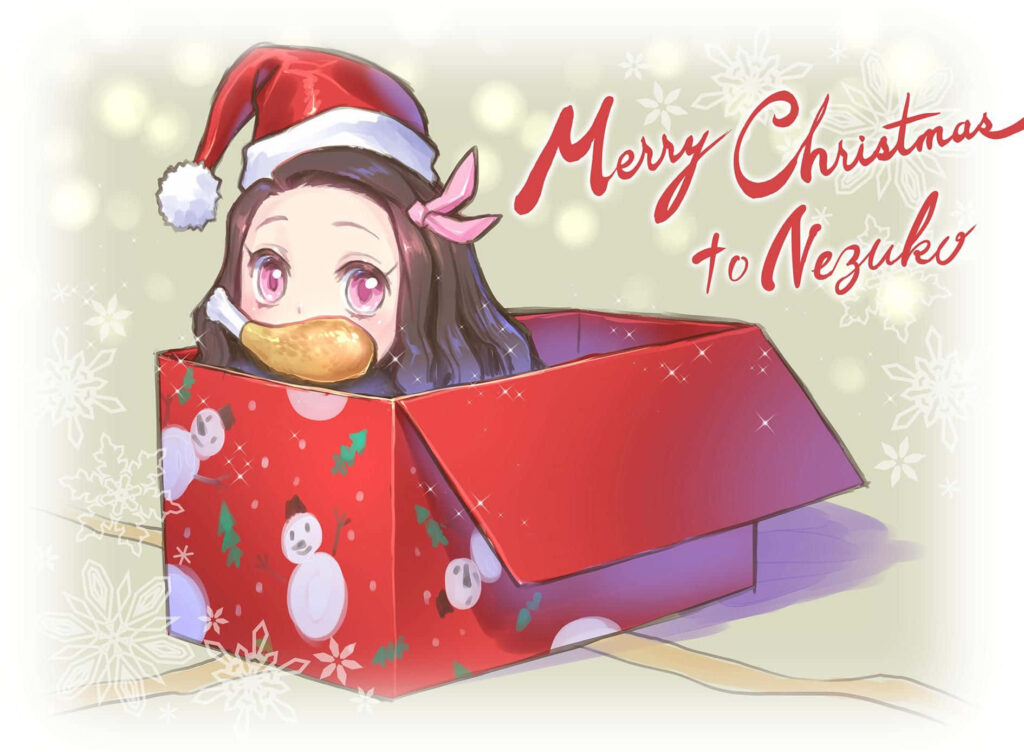 Festive Anime Wallpaper: Cute Character in Christmas Box & Lights