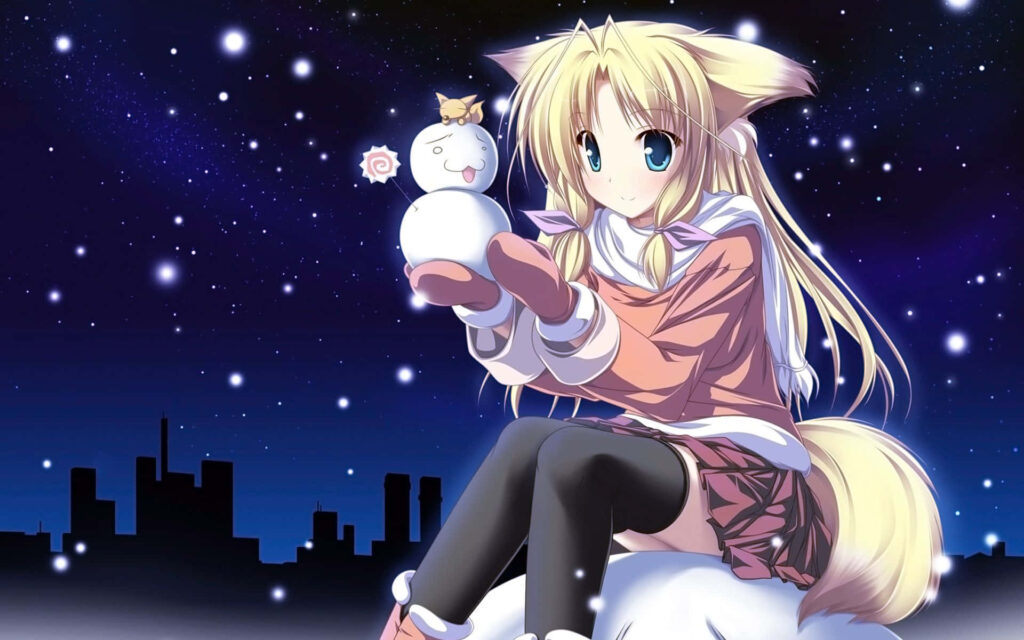 Cozy Anime Wallpaper: Fox Character with Snowman in Starry Sky