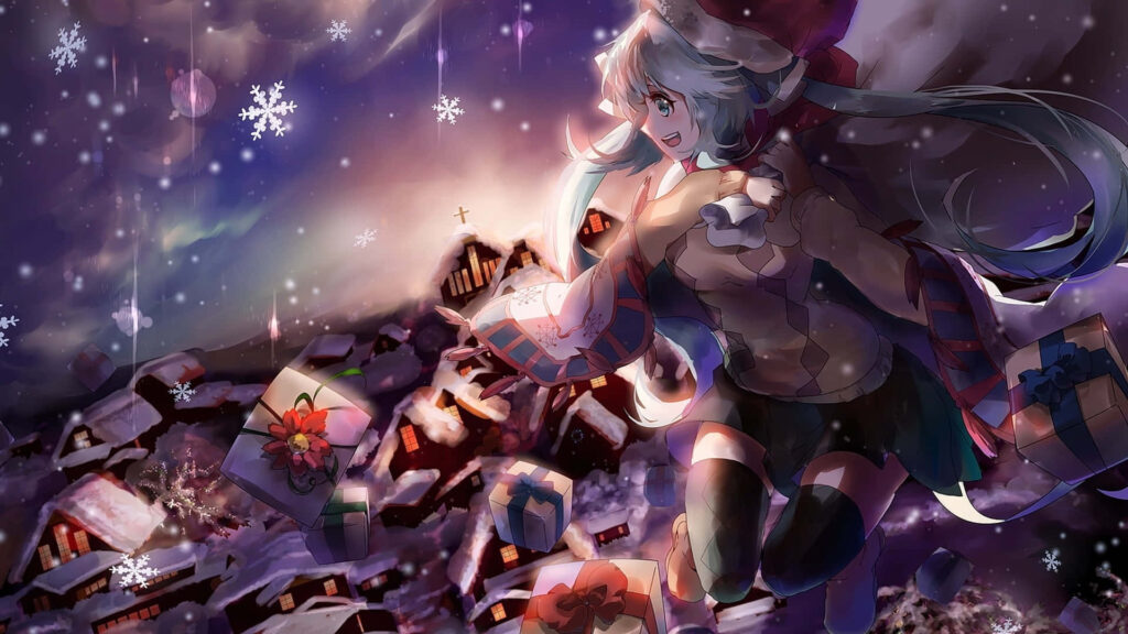 Festive Anime Wallpaper: Joyful Character in Snowy Village Scene