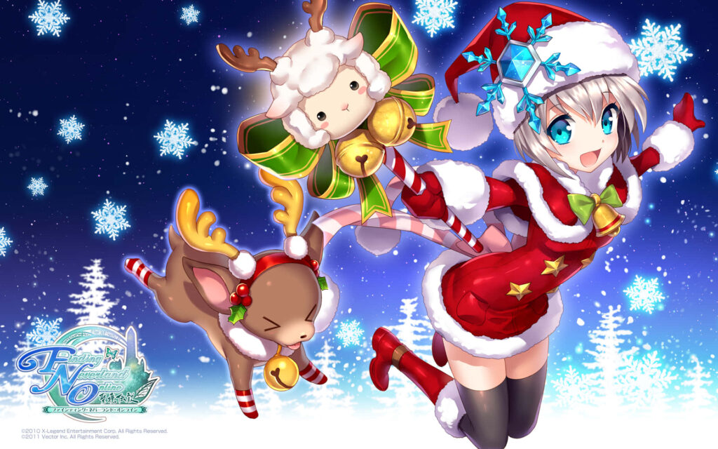 Festive Anime Santa Wallpaper: Joyful Character & Playful Reindeer