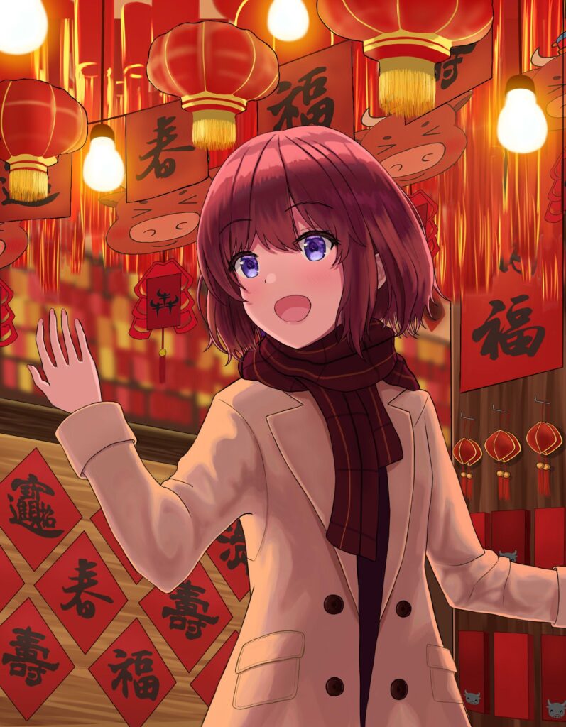 Festive Anime Wallpaper: Smiling Girl & Glowing Red Lanterns