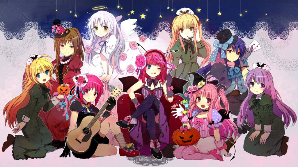 Festive Anime Characters Wallpaper: Whimsical Pumpkins & Music