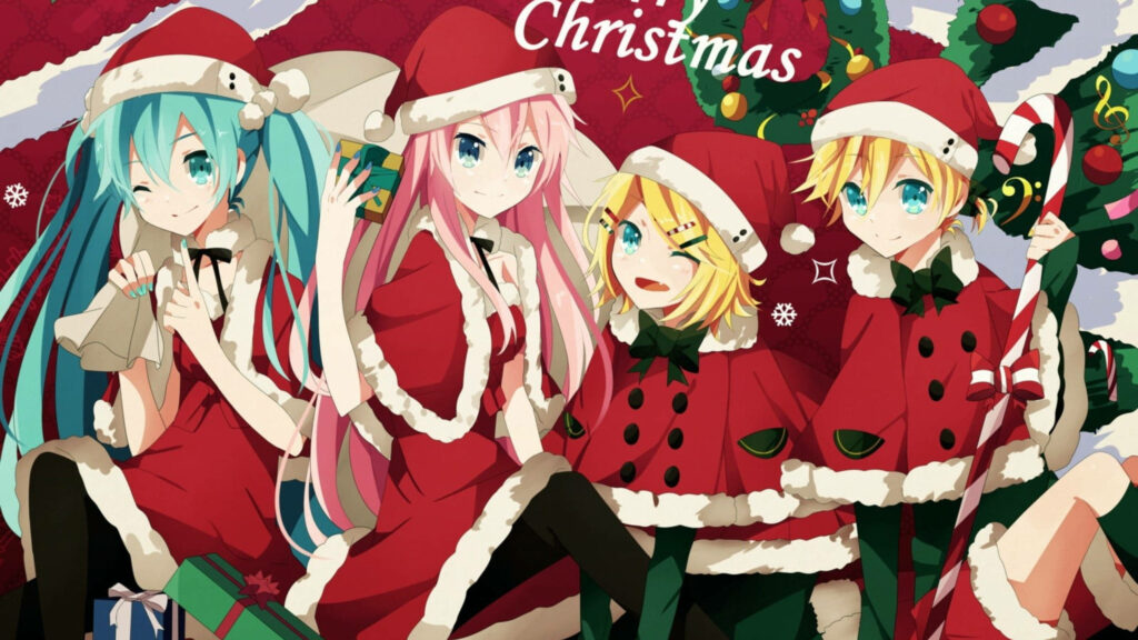 Festive Anime Wallpaper: Santa Characters with Holiday Cheer