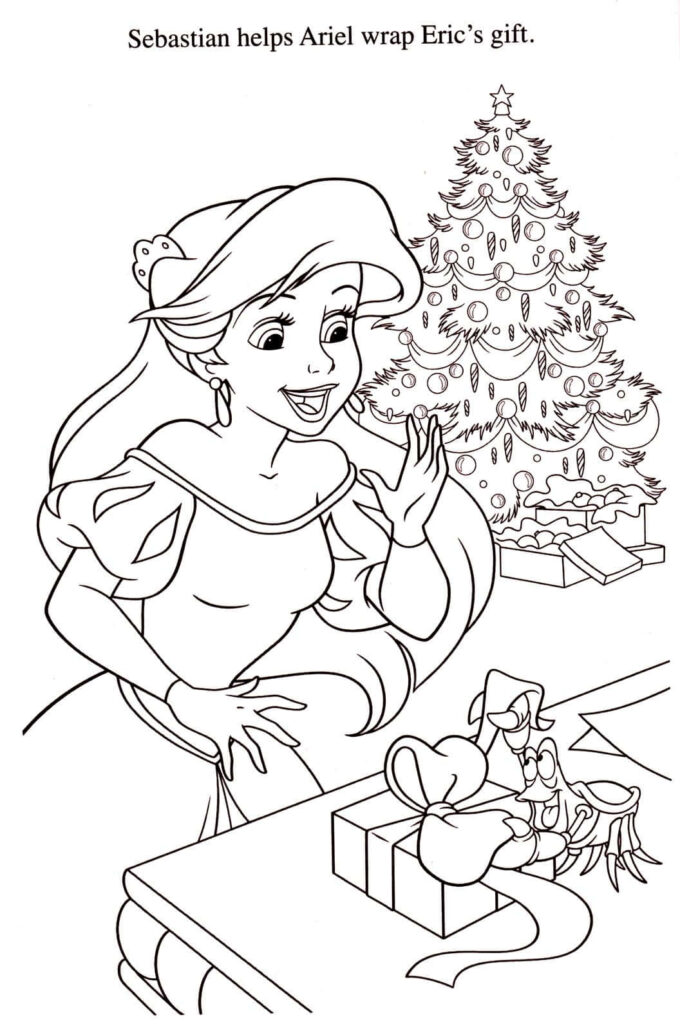 Festive Ariel Coloring Page: Christmas Gift Wrapping with Sebastian Wallpaper