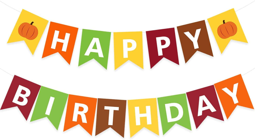Autumn Birthday Banner with Colorful Flags and Pumpkins Wallpaper
