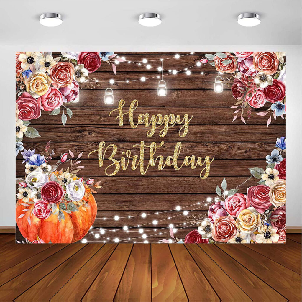 Rustic Fall Birthday Wallpaper with Flowers & Pumpkin Glow