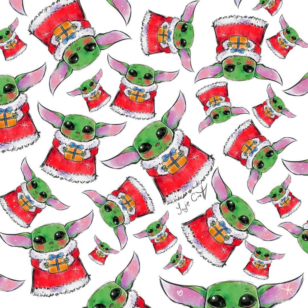 Festive Baby Yoda Wallpaper: Adorable Santa Pattern on White Background