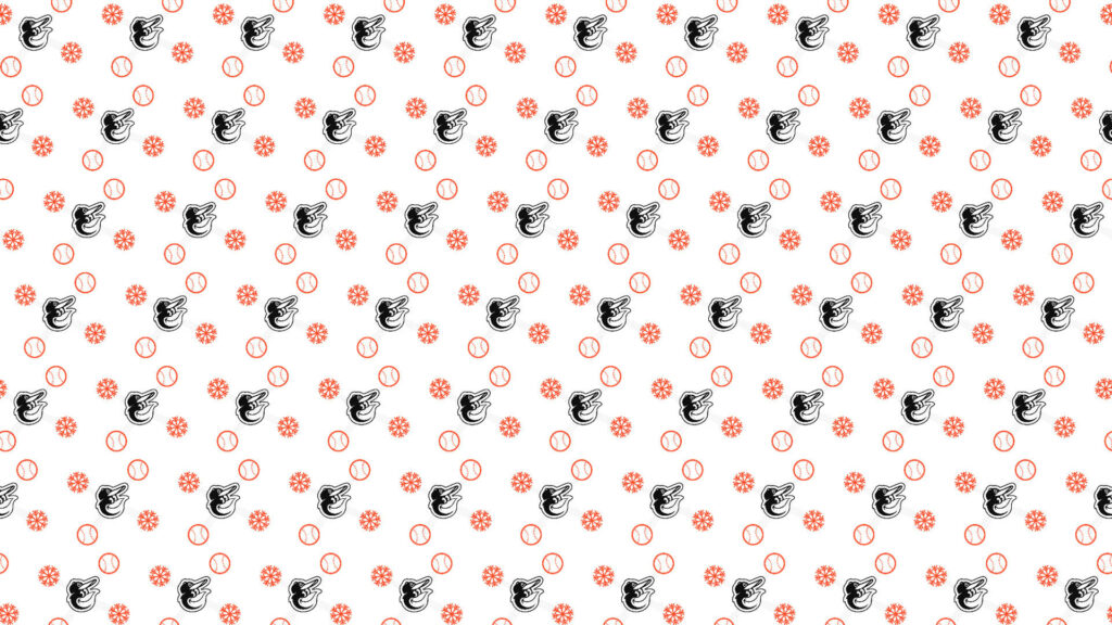 Festive Baltimore Orioles Christmas wallpaper with logos baseballs and red snowflakes on white