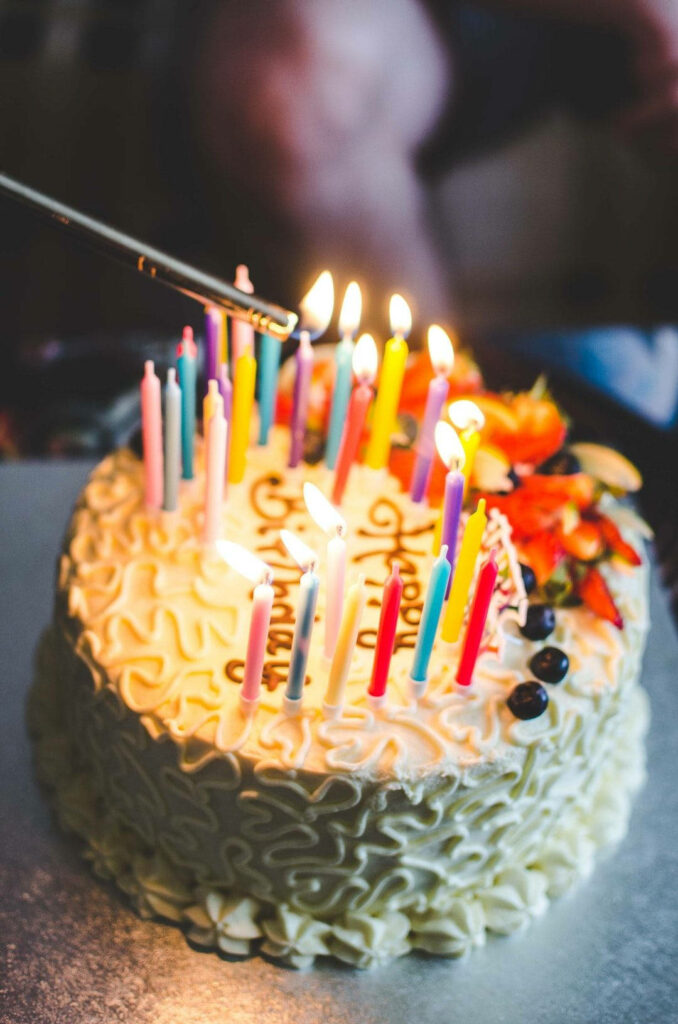 Festive Birthday Cake Wallpaper: Colorful Candles & Intricate Frosting