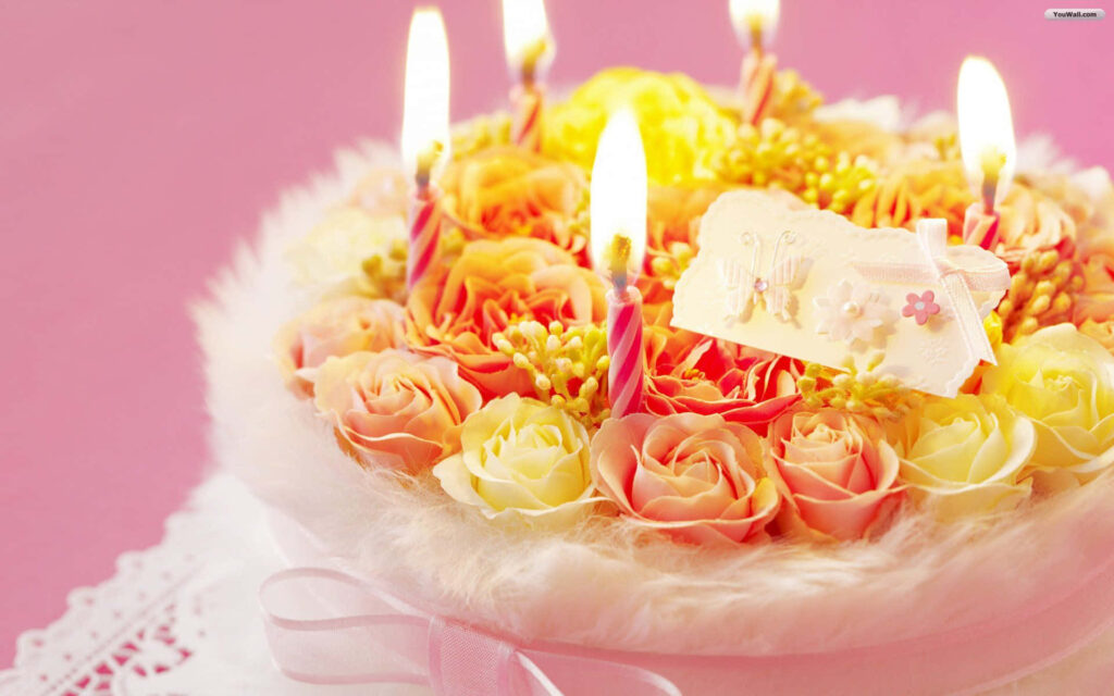 Cozy Birthday Cake Wallpaper with Roses and Soft Pink Background