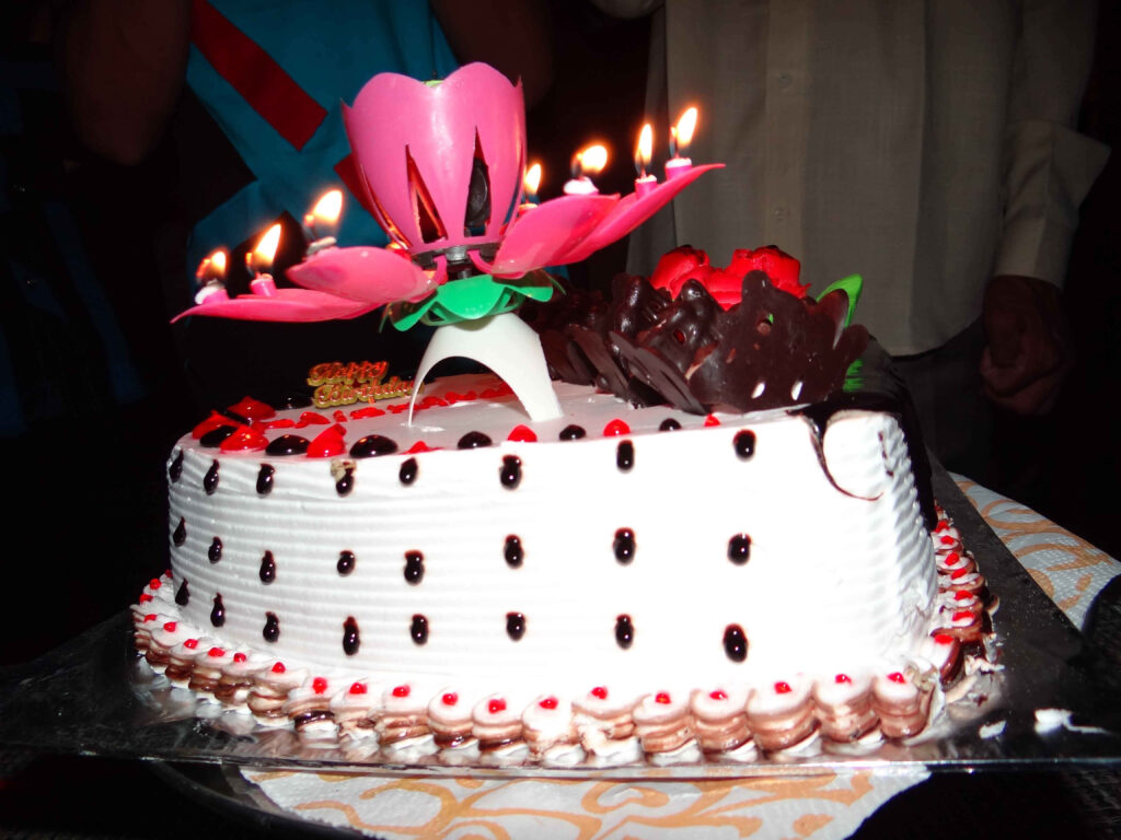Festive Birthday Cake with Unique Flower Candle Topper Background Wallpaper