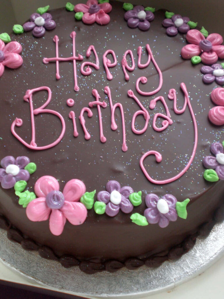 Vibrant Flower Chocolate Cake Wallpaper for Happy Birthday Celebrations