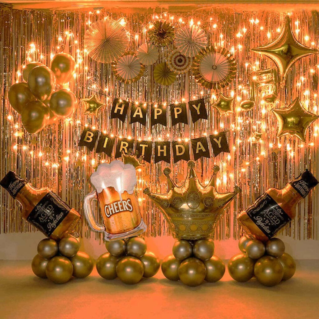 Festive Birthday Party Background with Gold Balloons & Pink Lights Wallpaper