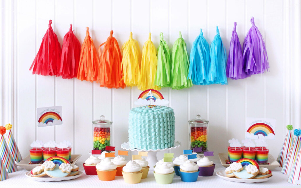 Vibrant Birthday Party Wallpaper with Colorful Tassel Garlands