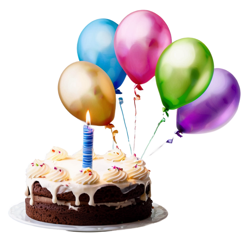 Festive Birthday Wallpaper: Cake with Blue Candle & Colorful Balloons