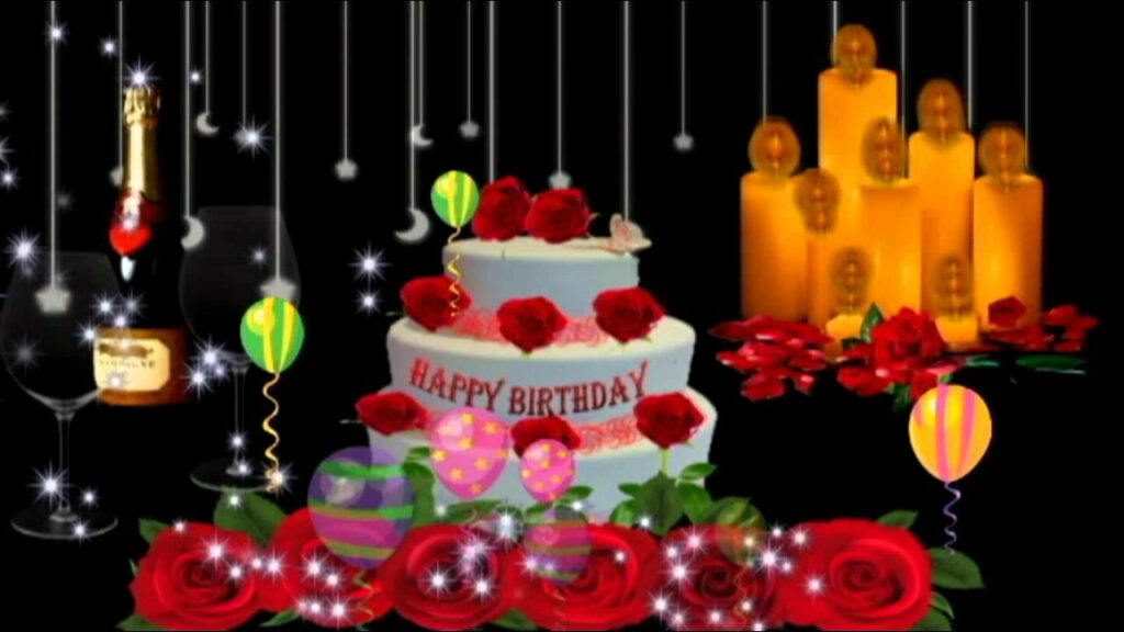 Happy Birthday Cake with Roses & Balloons - Festive Wallpaper