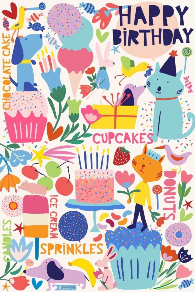 Joyful Birthday Wallpaper: Colorful Cupcakes & Playful Illustrations
