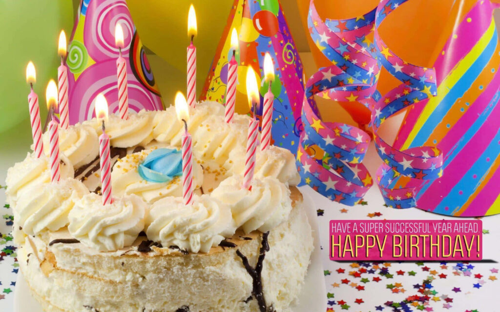 Festive Birthday Wallpaper: White Cake, Candles & Party Vibes